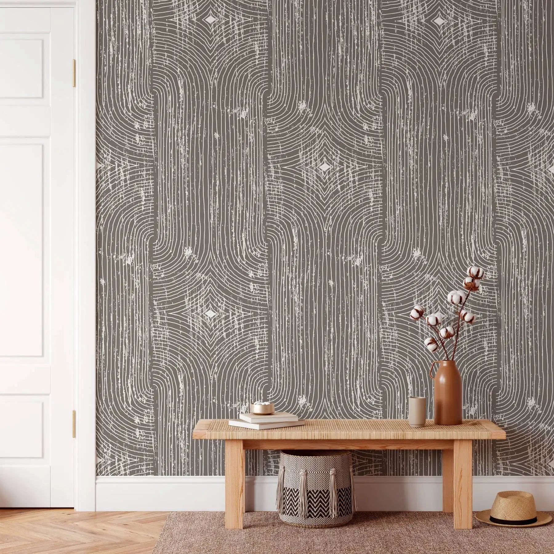 Boho Dark Grey Peel and Stick Wallpaper Geometric Arches Contact Paper Removable Wall Paper for Kitchen Walls Cabinet Drawer