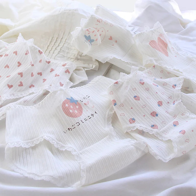 Women's Cotton Panties - White Lace, Seamless, 5 Pieces