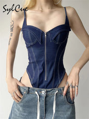 Sylcue 2023 Summer New Classic Retro Cool All-Match High Street Sexy Mature Charm Hot Women'S Zipper Jumpsuit Bodysuit