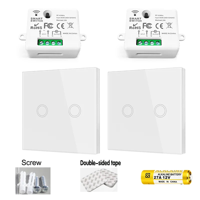 Wireless RF Smart Light Wall Switch with Remote Control Touch Wall Panel Mini Relay Receiver 110V 220V 10A (inlude battery)
