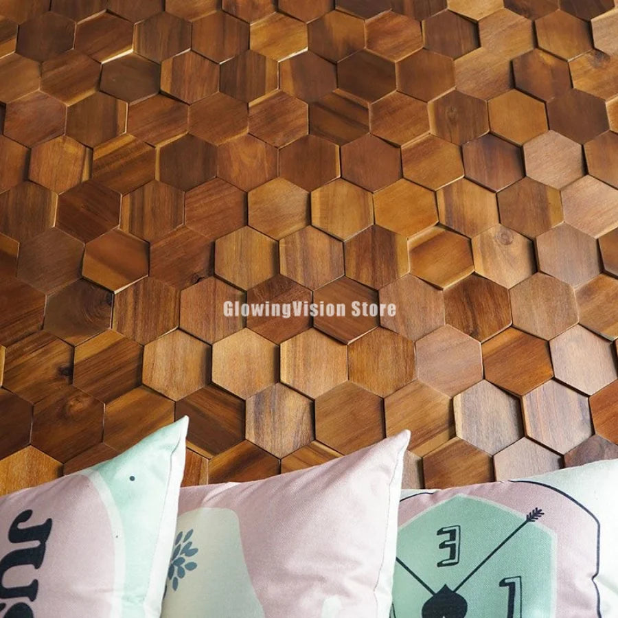 Walnut Wood Mosaic Tile Wall Sticker for TV Background Art Wall Decoration Modern 3D Wood Hexagon Wooden Panel Wall Panel