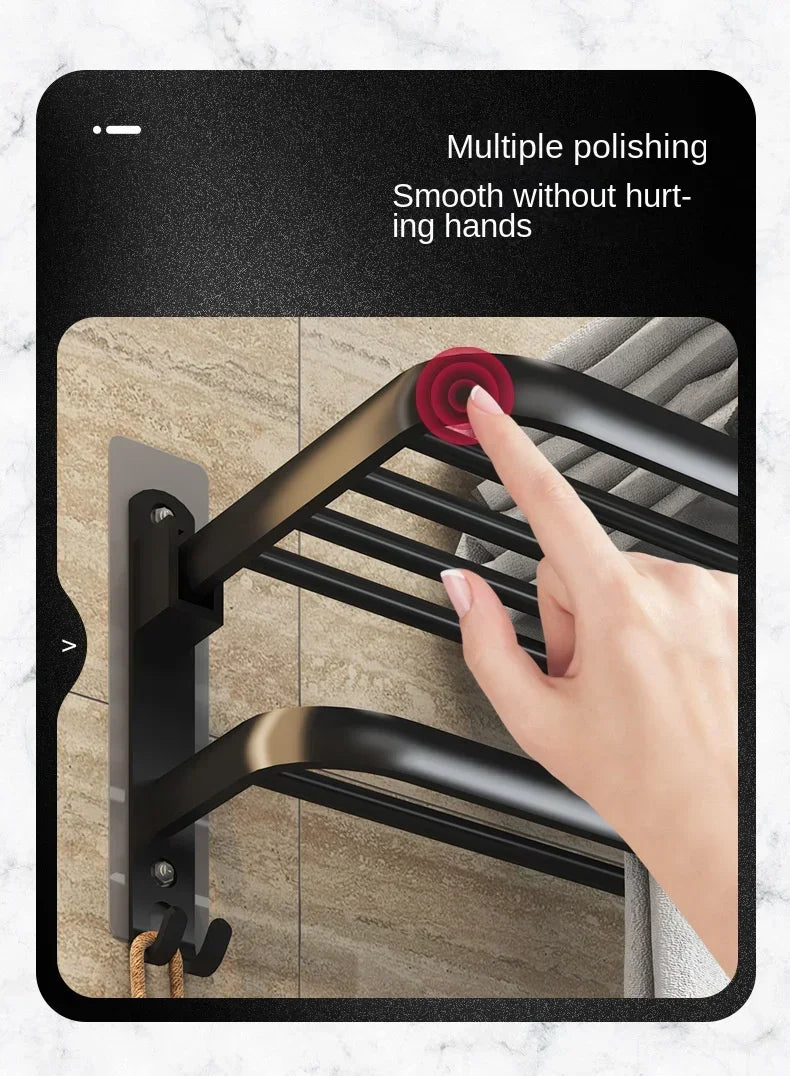 40/50/60CM No Drilling Towel Rack Fold Self-adhesive Wall Hanger Rail Bracket Black Aluminum Shower Bathroom Accessories Holder