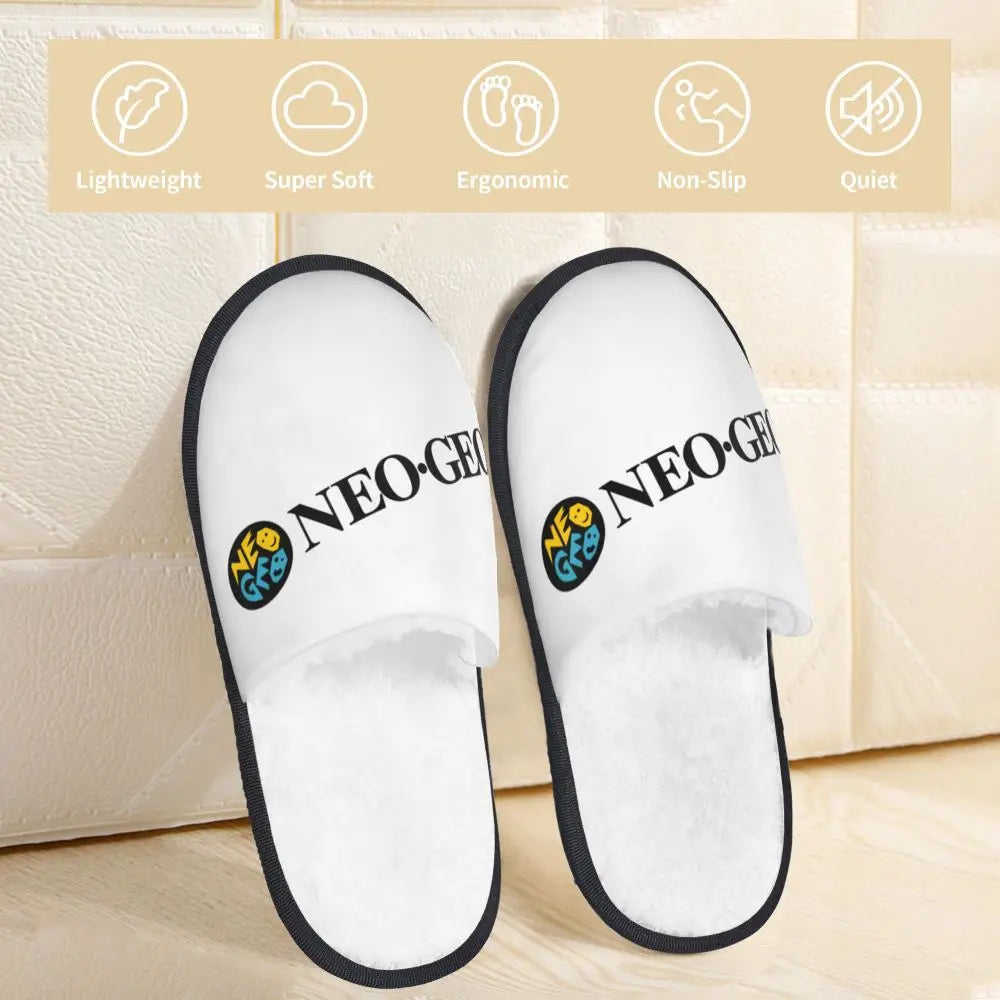 Neo Geo Logo Printed Warm Furry Slippers Gamer Style