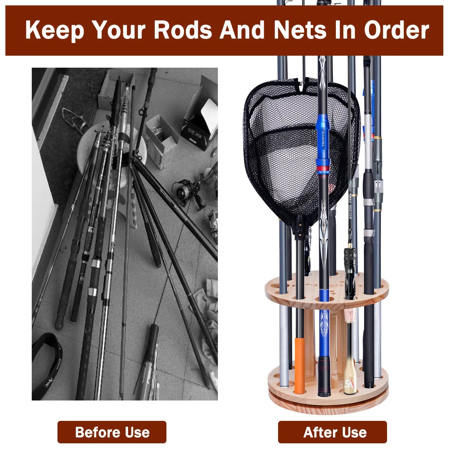 360° Rotation Wooden 12 Slots Round Fishing Rod Holder Upgrade And Strengthen Space Saving Storage Organizer Roove Fishing Gear