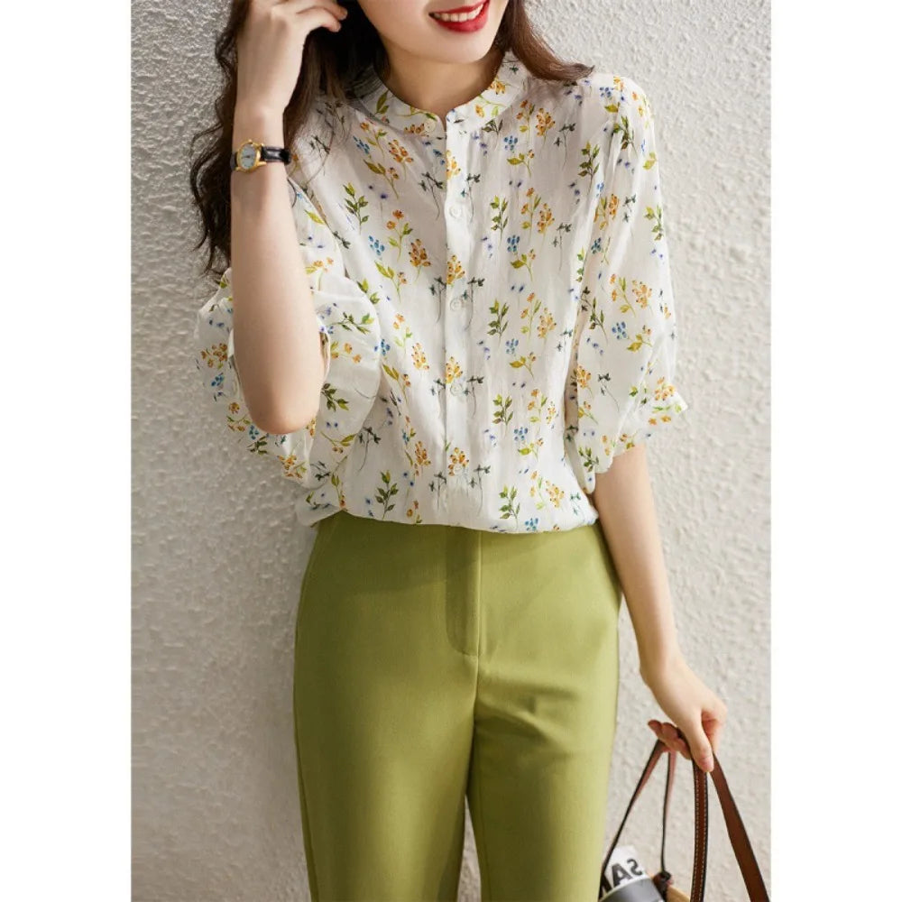 Women Shirt 2024 Spring New Arrival Printed Floral Shirt Stand Collar Neck Long Sleeve Elegant Blouse Top