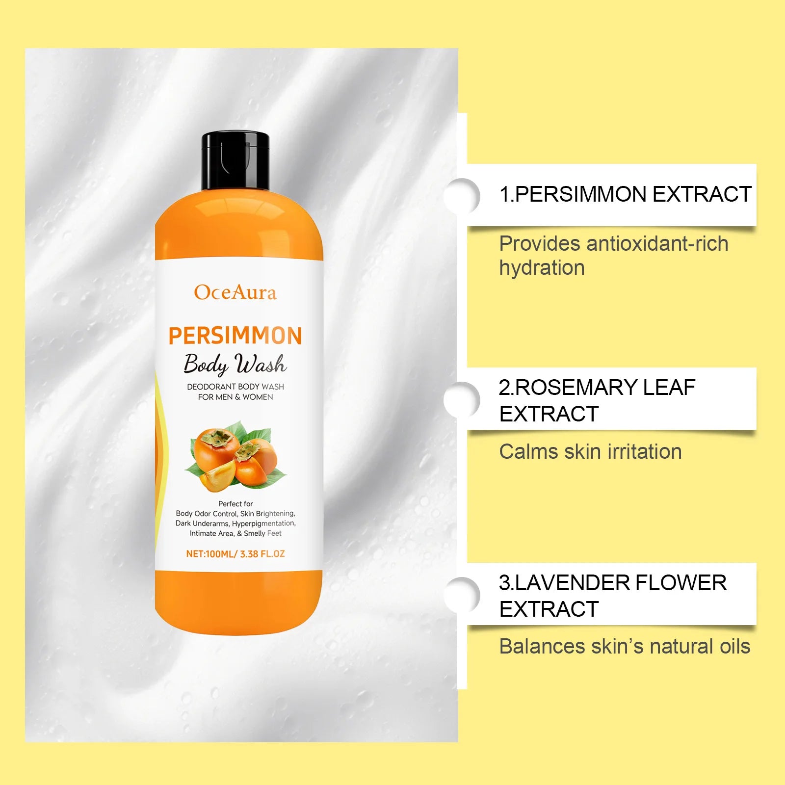 OceAura Persimmon Body Wash Moisturizing Skin Cleaning Smooth Soft Body Odor Remover Bath Products Exfoliating Shower Gel 100ml