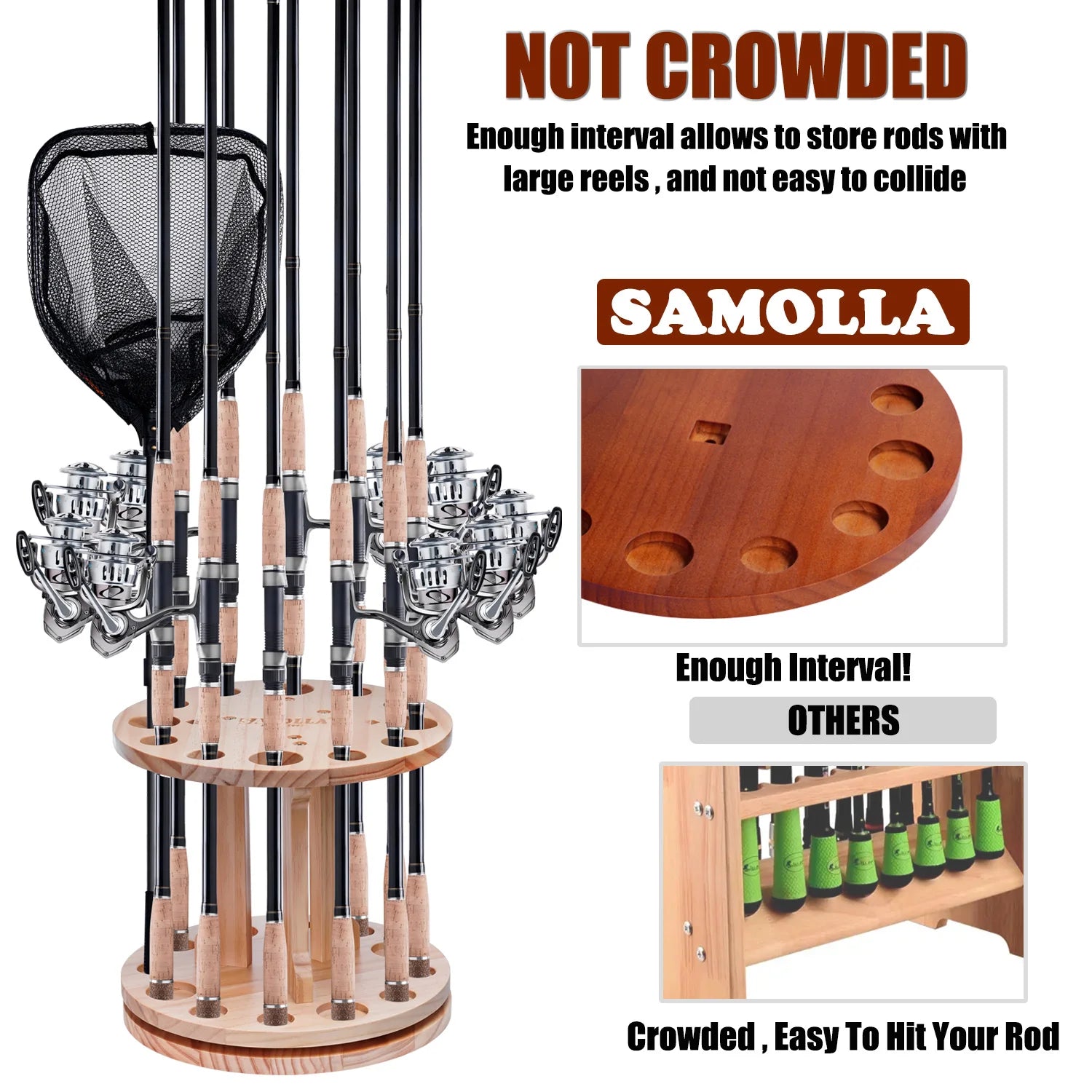 360° Rotation Wooden 12 Slots Round Fishing Rod Holder Upgrade And Strengthen Space Saving Storage Organizer Roove Fishing Gear