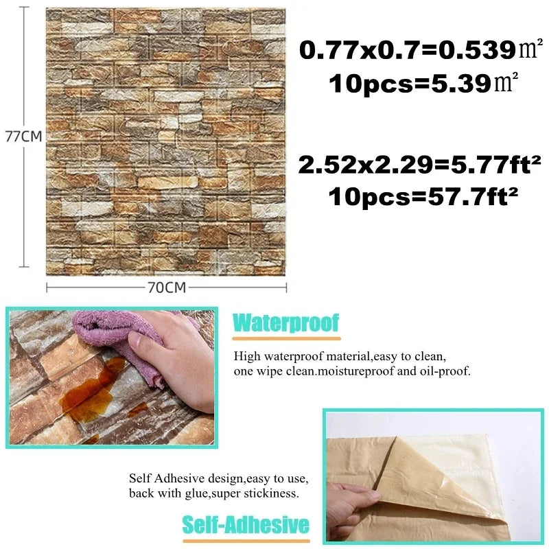 10 Pcs 3D Peel and Stick Wall Stickers Home Decor Living Room Waterproof Foam Vinyl PVC 70X77CM Self Adhesive Panels Wallpaper
