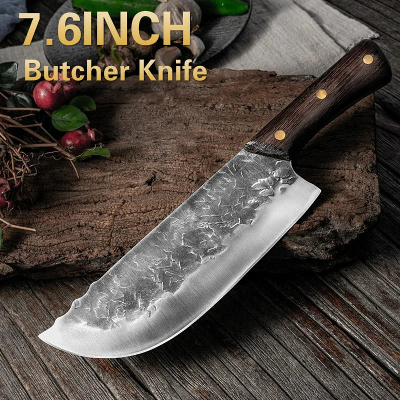 Dao lớn 7.6 inch trên bề mặt gỗ, lưỡi dao thép sắc bén, cán gỗ tối màu, trang trí hoa quả.