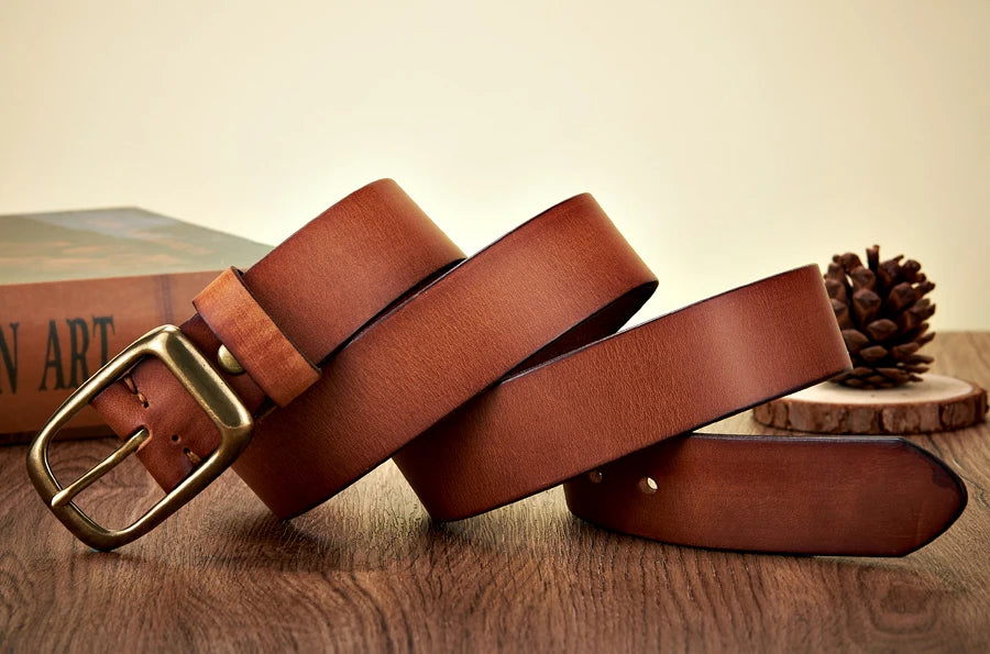 High Quality Men's Cowhide Belt - Vintage Copper Buckle