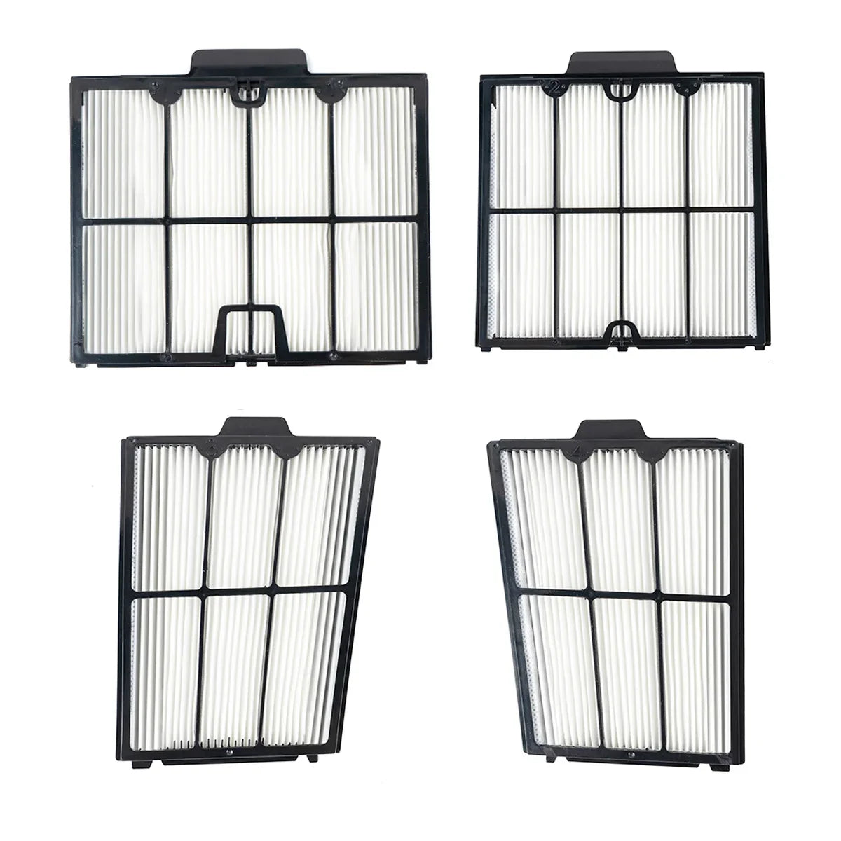 Năm bộ lọc không khí hình chữ nhật, khung đen, giấy lọc trắng, xếp hàng ngang và dọc.