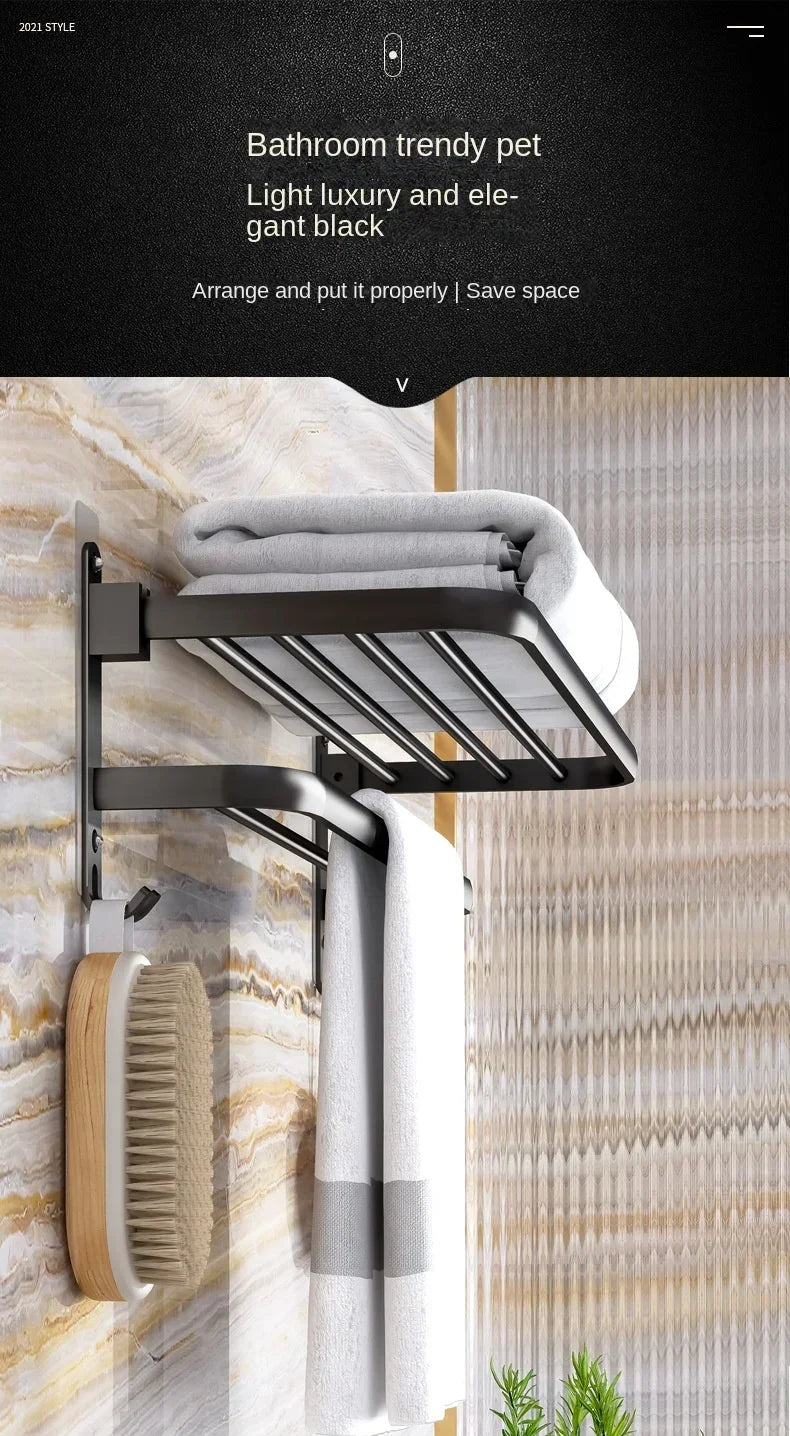 40/50/60CM No Drilling Towel Rack Fold Self-adhesive Wall Hanger Rail Bracket Black Aluminum Shower Bathroom Accessories Holder