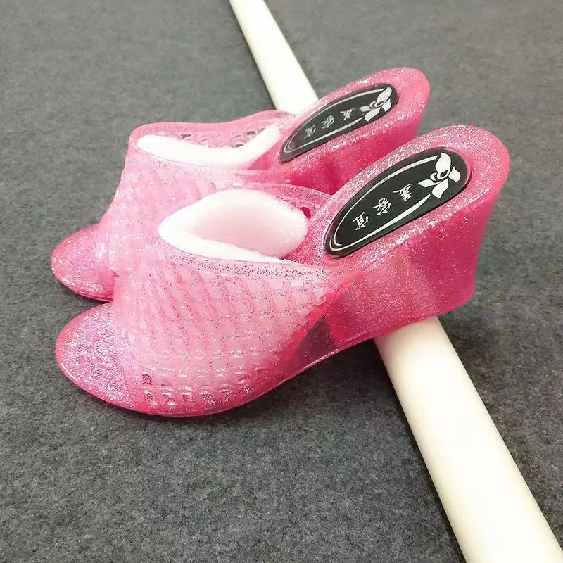 Summer Women's Causal One Word Slippers Soft Bottom Non Slip Slope Heeled Transparent Crystal Home Slippers Bathroom Slippers