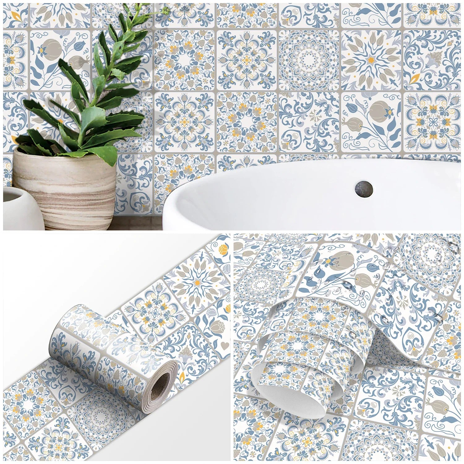 Blue White Yellow Peel &amp; Stick Tiles Wall Sticker for Bathroom Kitchen Backsplash Decorative Waistline Skirting Strip