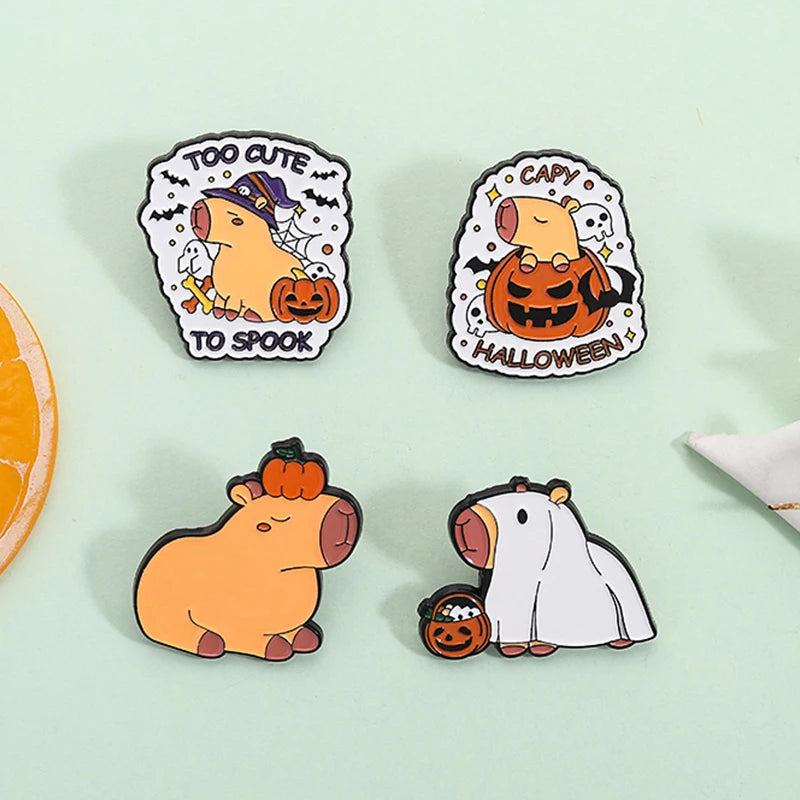 Halloween Pumpkin Animal Enamel Pins Ghost Capybara Grim Reaper Duck Spooky Season Brooches Lapel Badge Jewelry Gift for Friends