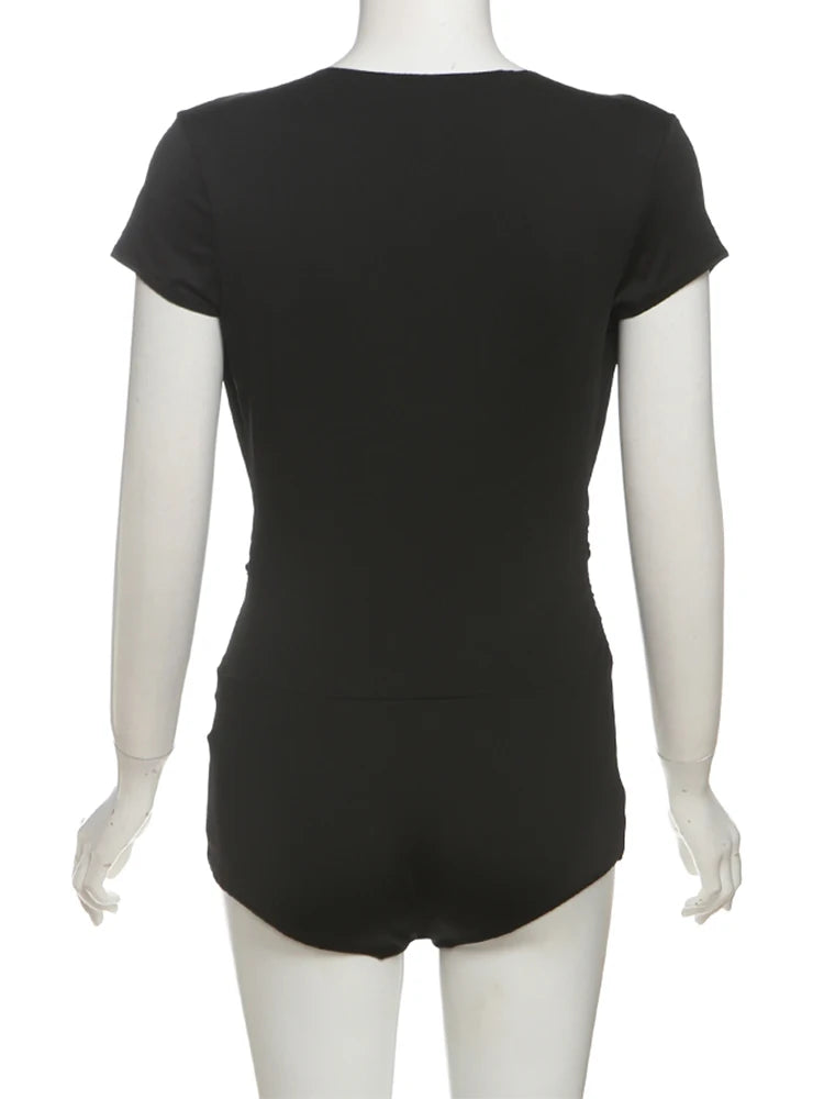 Nibber Deep v-Neck Bodysuits Women Folds Skinny High Elasticity Solid Simple Classic Sexy Midnight Summer Streetwear Outfits