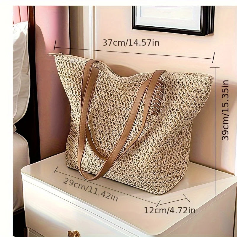 Beige Large Straw Bag with Brown Strap Fashion
