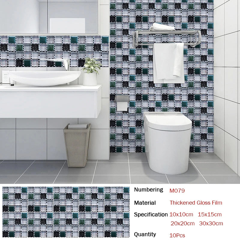 10pcs Flat Mosaic Style Tiles Sticker Kitchen Bathroom Waterproof &amp; Oilproof Art Wall Sticker Peel &amp; Stick Surface Glossy Film