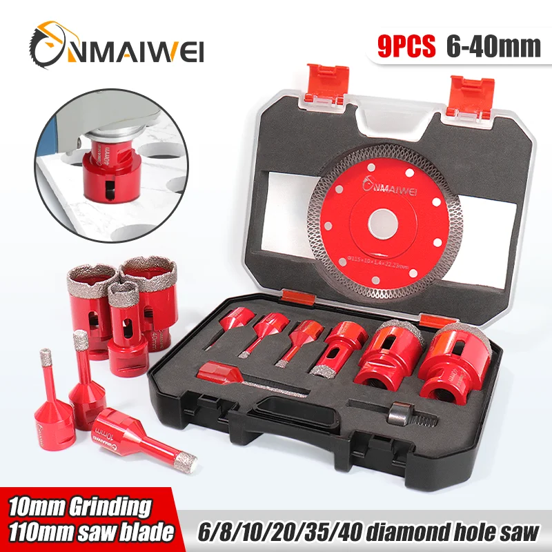 9pcs Dry Drill M14 Thread Brazing Hole Saw Set With Saw Blade Porcelain Tiles Crowns Granite Marble tile Drill Bits Tools