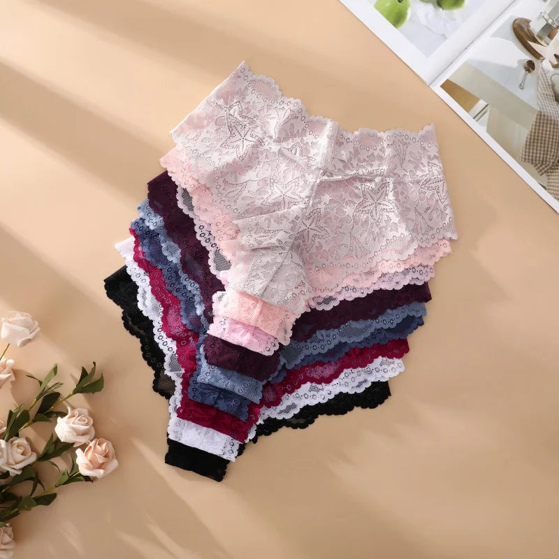 5PCS Women's Sexy Lace Star High Waist Thongs Solid Color Hollow Out Transparents Underwear Female Perspective G-strings S-XXL
