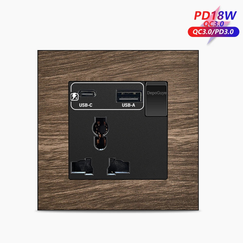 Universal 18W Type-C Plug Quick Charging Dual 3-pin Power Socket 220V,Wall electrical Socket with DC 5V 3.1A Type-c USB Charger