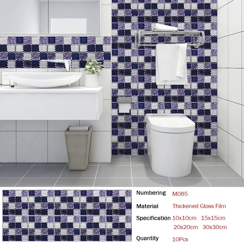 10pcs Flat Mosaic Style Tiles Sticker Kitchen Bathroom Waterproof &amp; Oilproof Art Wall Sticker Peel &amp; Stick Surface Glossy Film