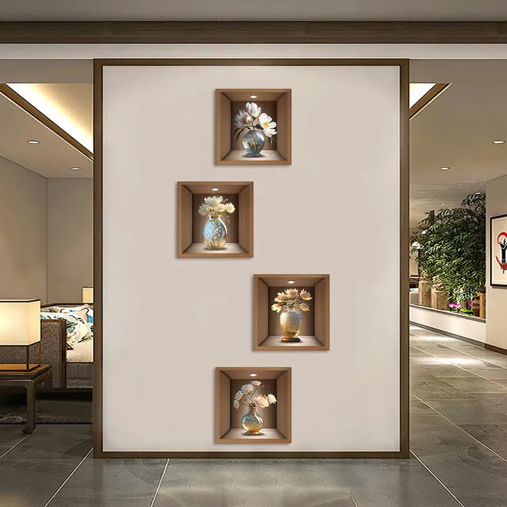 4pcs/set Simulated Plant Potted Plants Cabinet Decoration Wall Stickers Peel &amp; Stick Waterproof PVC Frameless Wall Art Mural