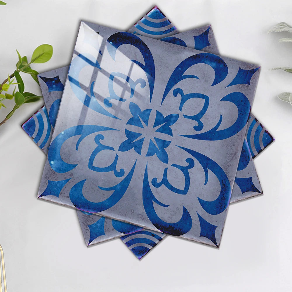 10pcs/set Dream Blue Tile Sticker Kitchen Backsplash Oil-proof Bathroom Waterproof Home Decor Wall Decals Peel &amp; Stick Art Mural