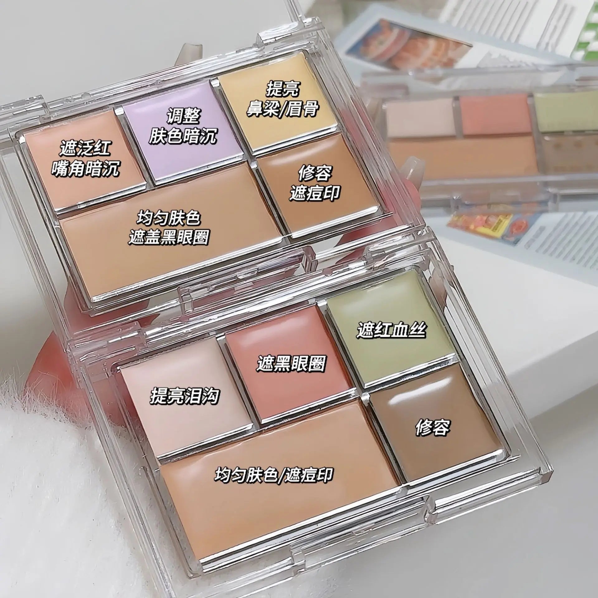 The five-color concealer covers spots, acne marks, dark circles and tear troughs for a long time. The contouring foundation does