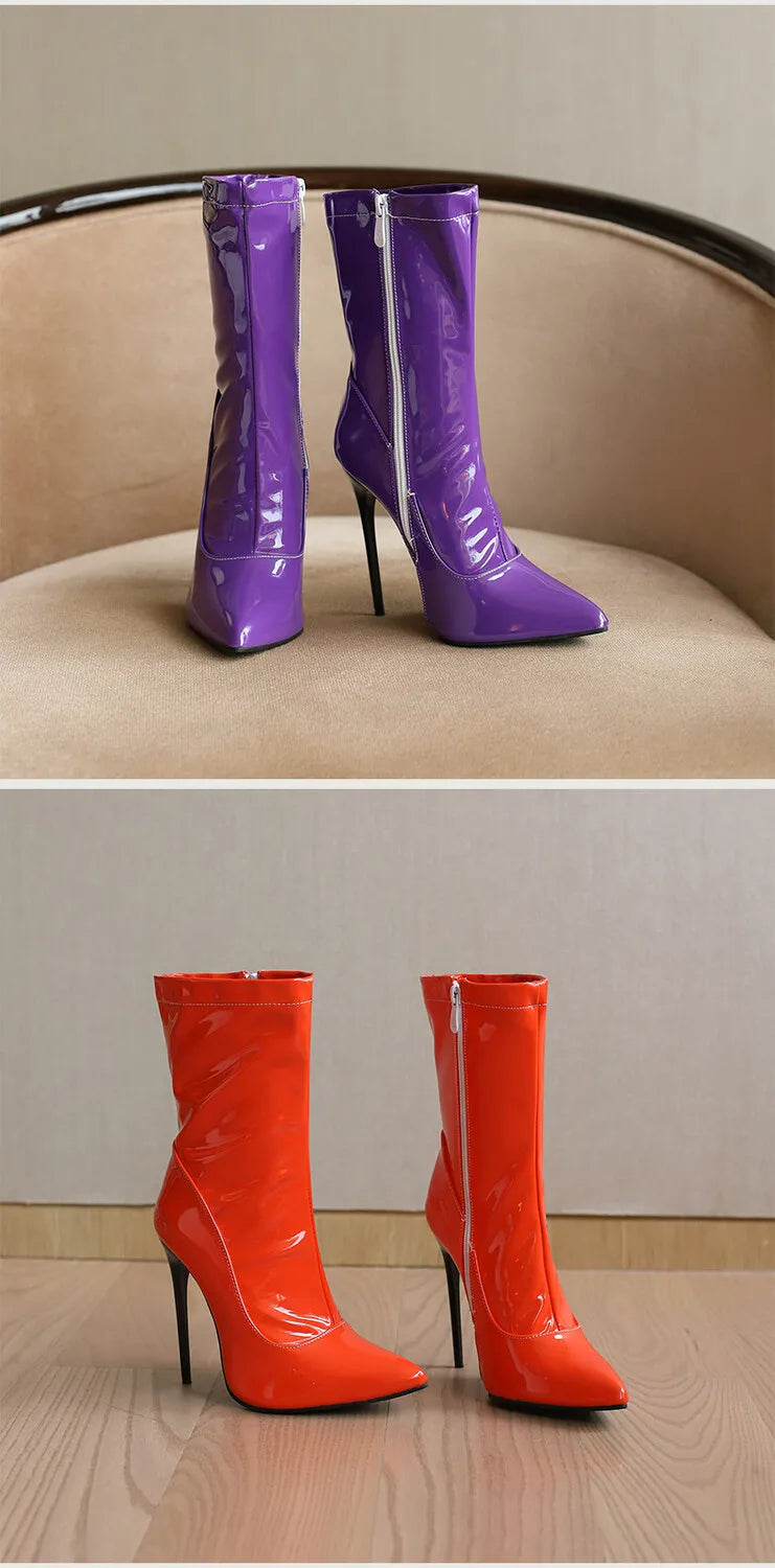 Women's Pointed Toe, Short Cut, Elegant Pointed Heel Patent Leather Boots