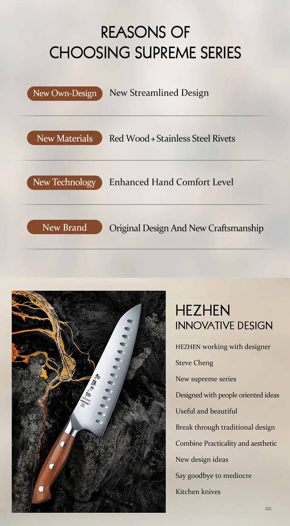 HEZHEN Kitchen Knife 8.1 Steel Blade High Quality Red Wood Handle