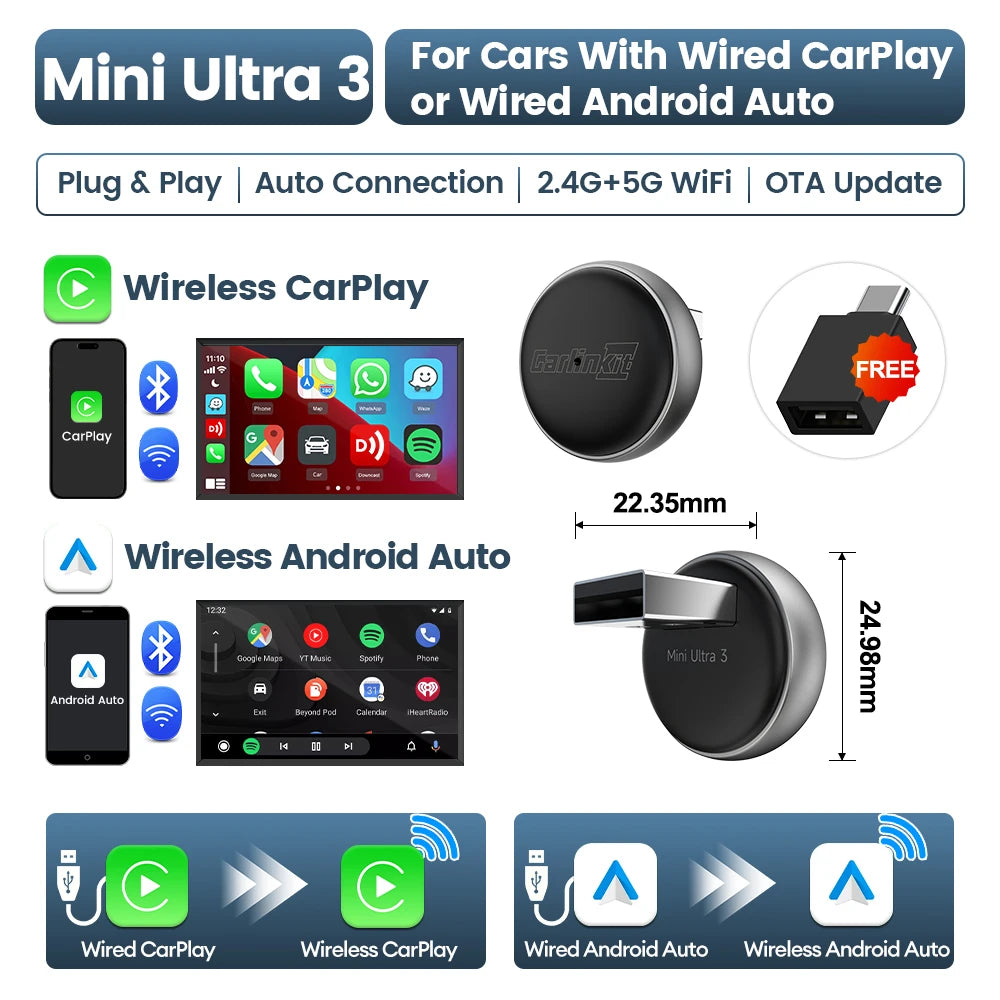New CarlinKit 5.0 Mini Ultra3 Wireless Android Auto CarPlay 2-In-1 Wireless Adapter WIFI BLE Auto Connect Smart Mini Box For Car - Daisan Mart