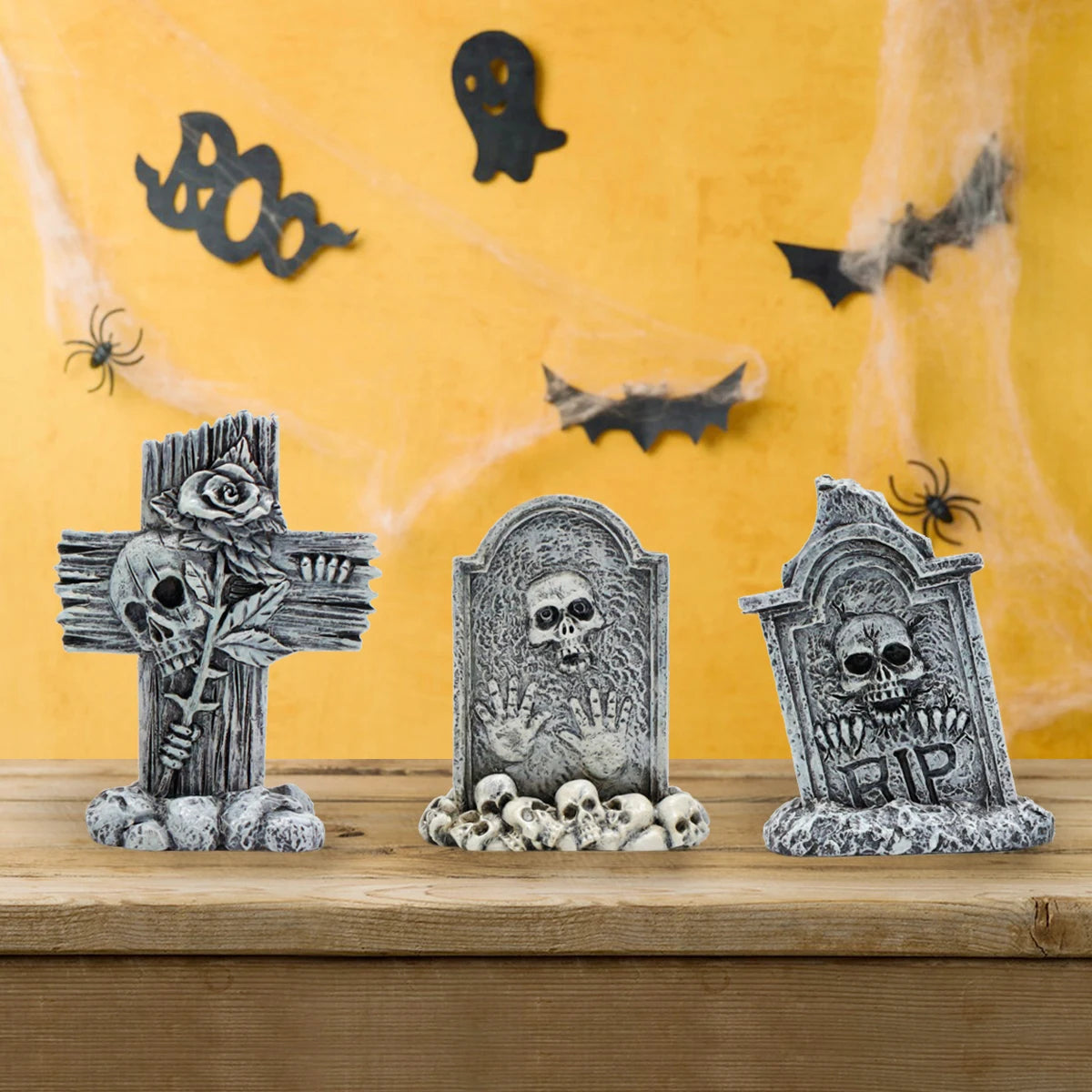 3-piece set of tombstone resin crafts, terrifying decorative statues in courtyard gardens, Halloween decorative statues, bonsai