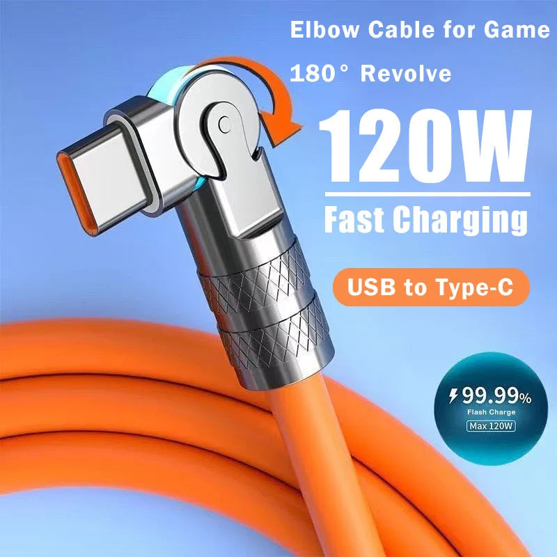 Cáp góc vuông màu cam, xoay 180°, sạc nhanh 120W, USB sang Type-C, nền xanh.