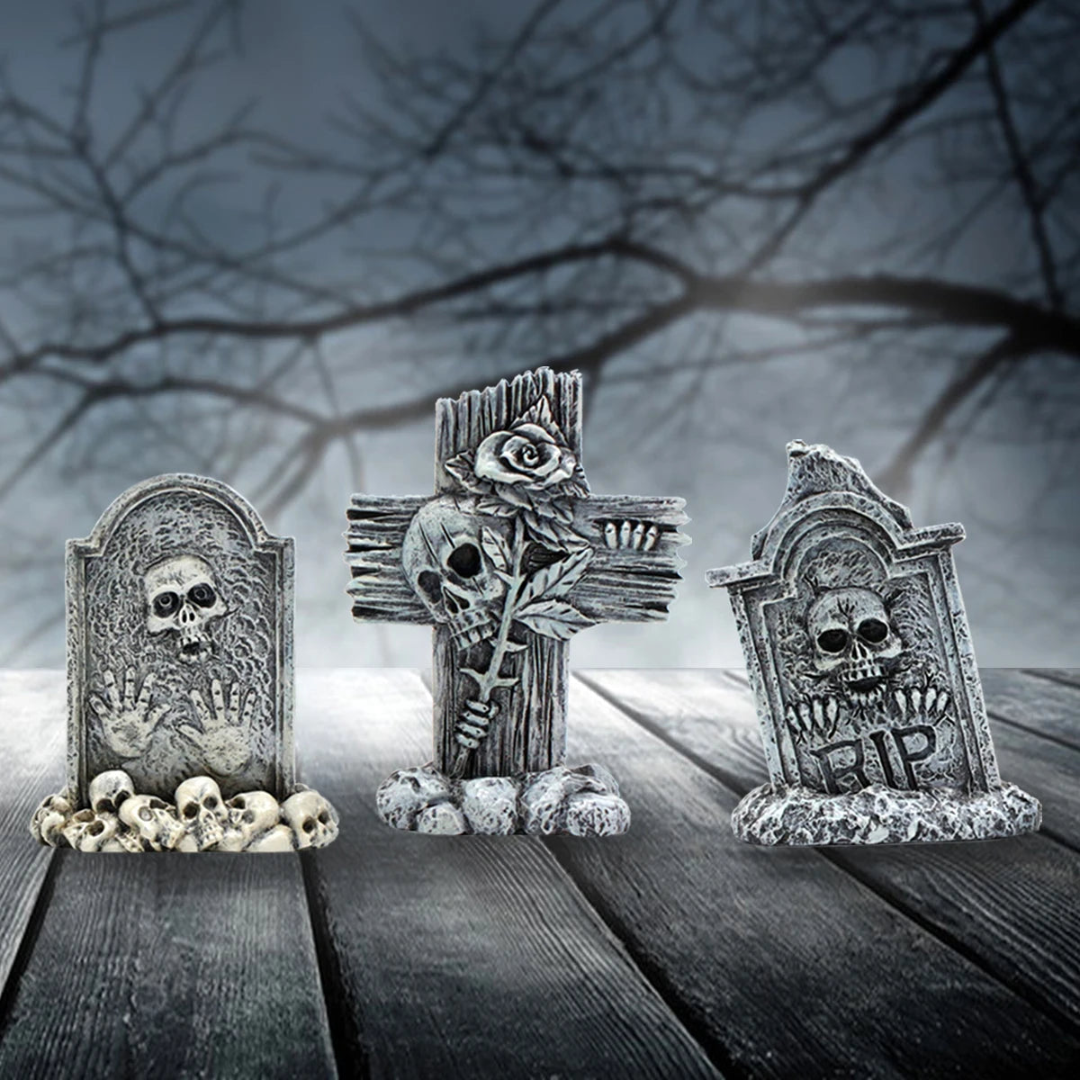 3-piece set of tombstone resin crafts, terrifying decorative statues in courtyard gardens, Halloween decorative statues, bonsai