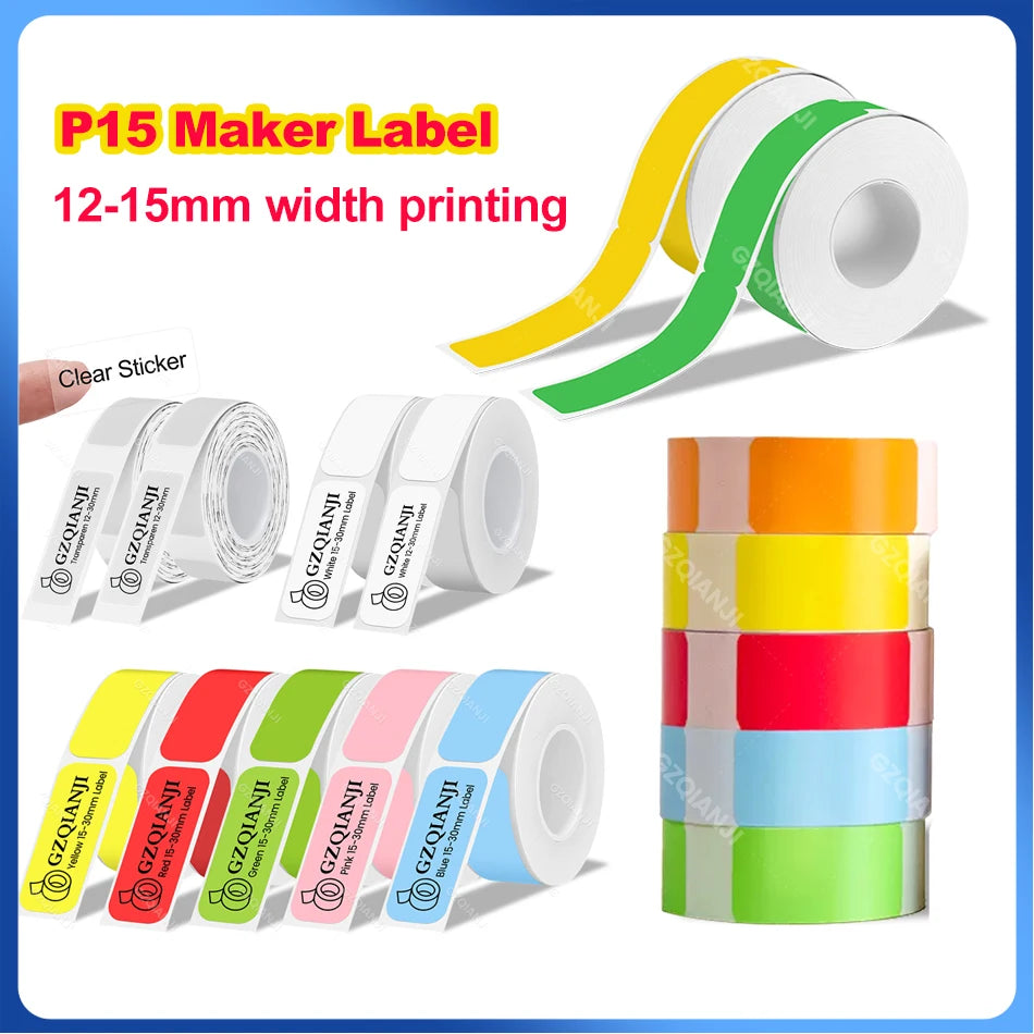 Cuộn nhãn màu xanh, vàng, đỏ, cam, hồng, xanh nhạt, và trắng, kích cỡ 12-15mm.