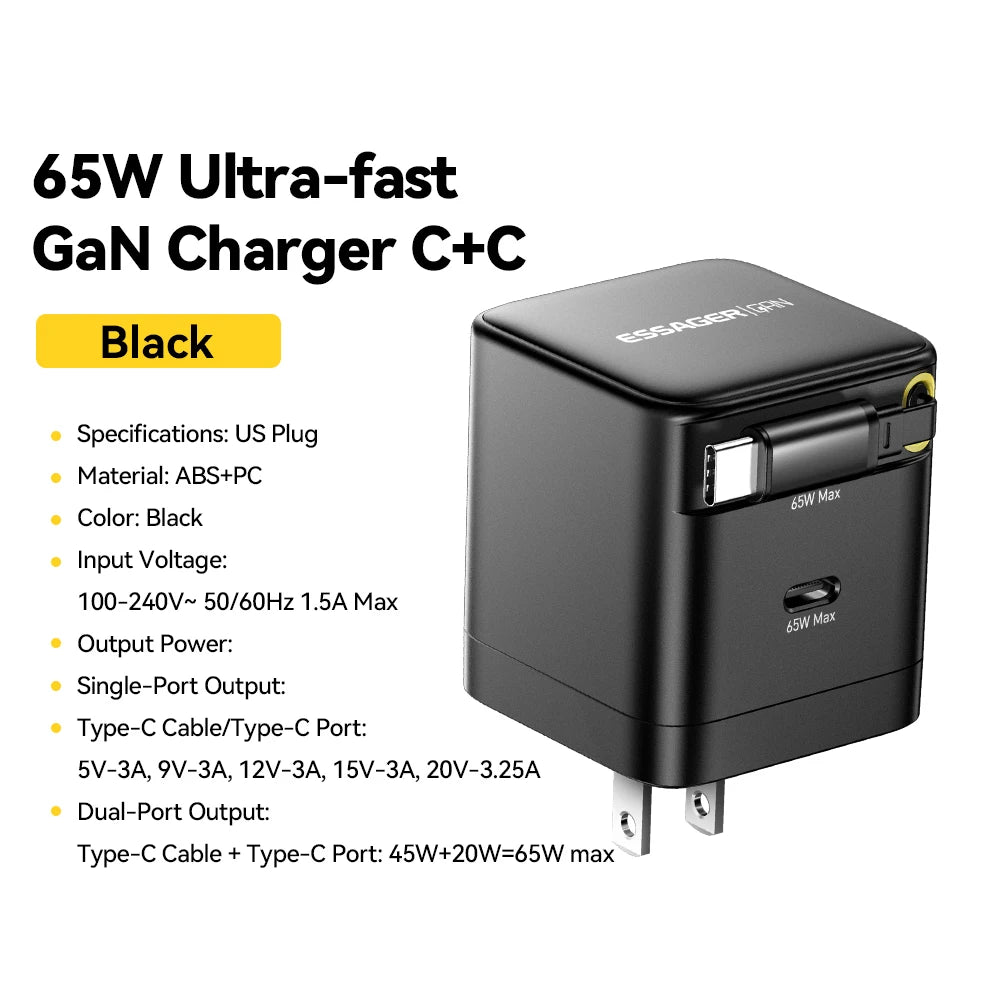 Essager 65W GaN Charger with Retractable Cable PD Fast Charging for Laptop Macbook iPhone 16 15 14 Xiaomi Type-C Phone Charger