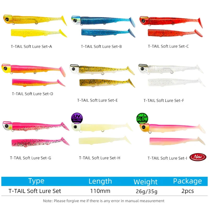 TSURINOYA Sinking Large Baits 110mm/35g Long Casting Jig Head T Tail Soft Lure Set 2pcs Tail Flounder Seabass Fishing Lure