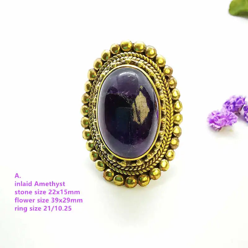 Large Oval Natural Stone Gold Plated Semi-Precious Stone Ring R230