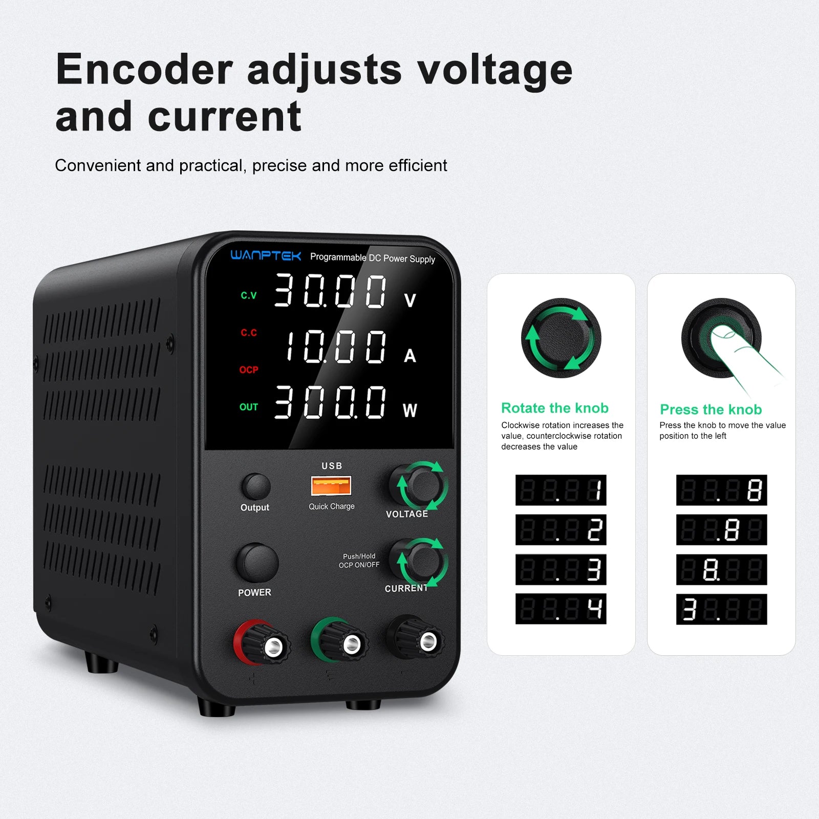 Wanptek Laboratory Power Supply Adjustable 30V 10A 60V 5A 120V 3A with USB Fast Charging Encoder Adjustment Lab DC Power Supply