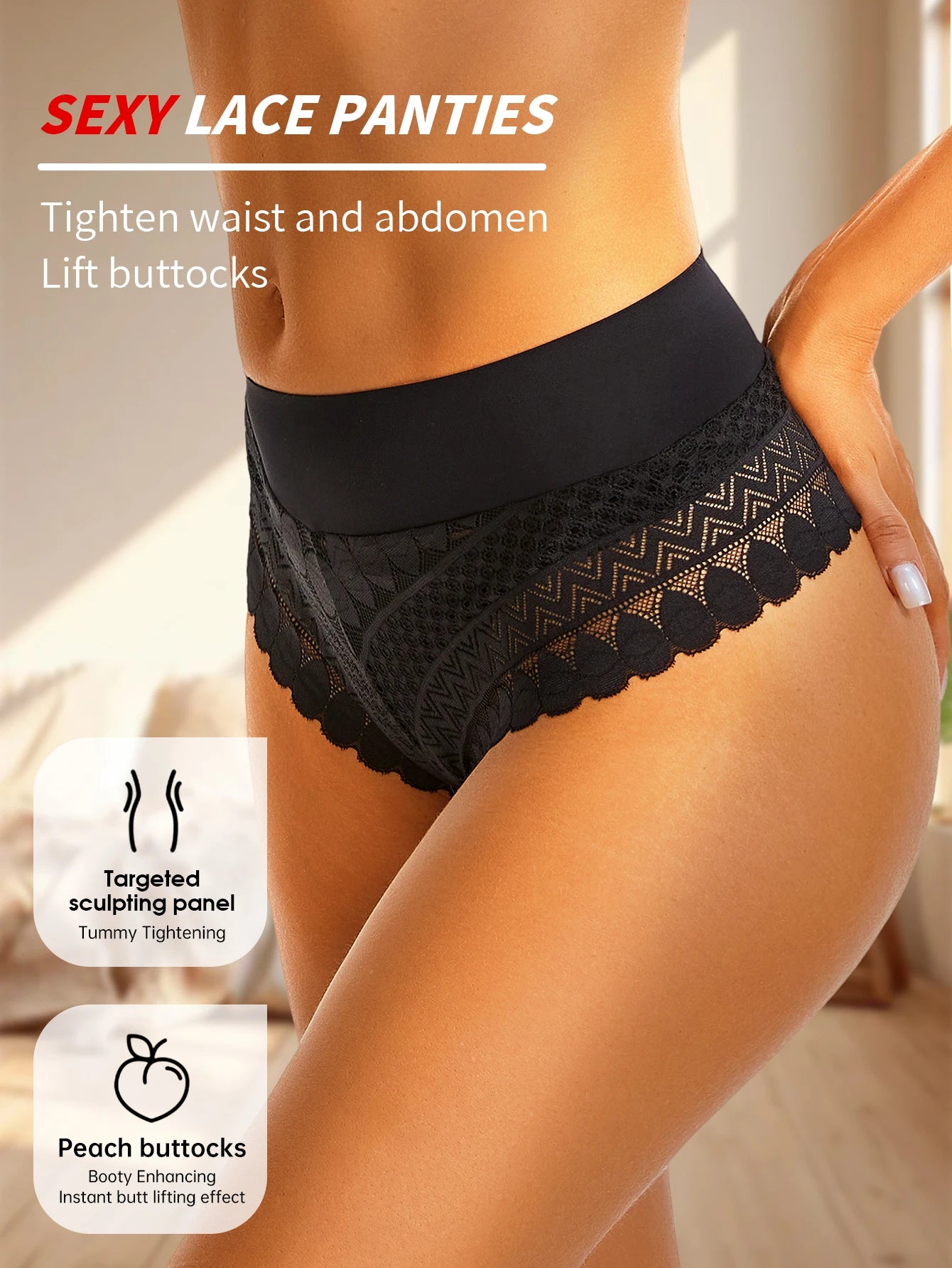 Women's Black Lace Panties, Cool, Soft, Hidden, Natural Waist