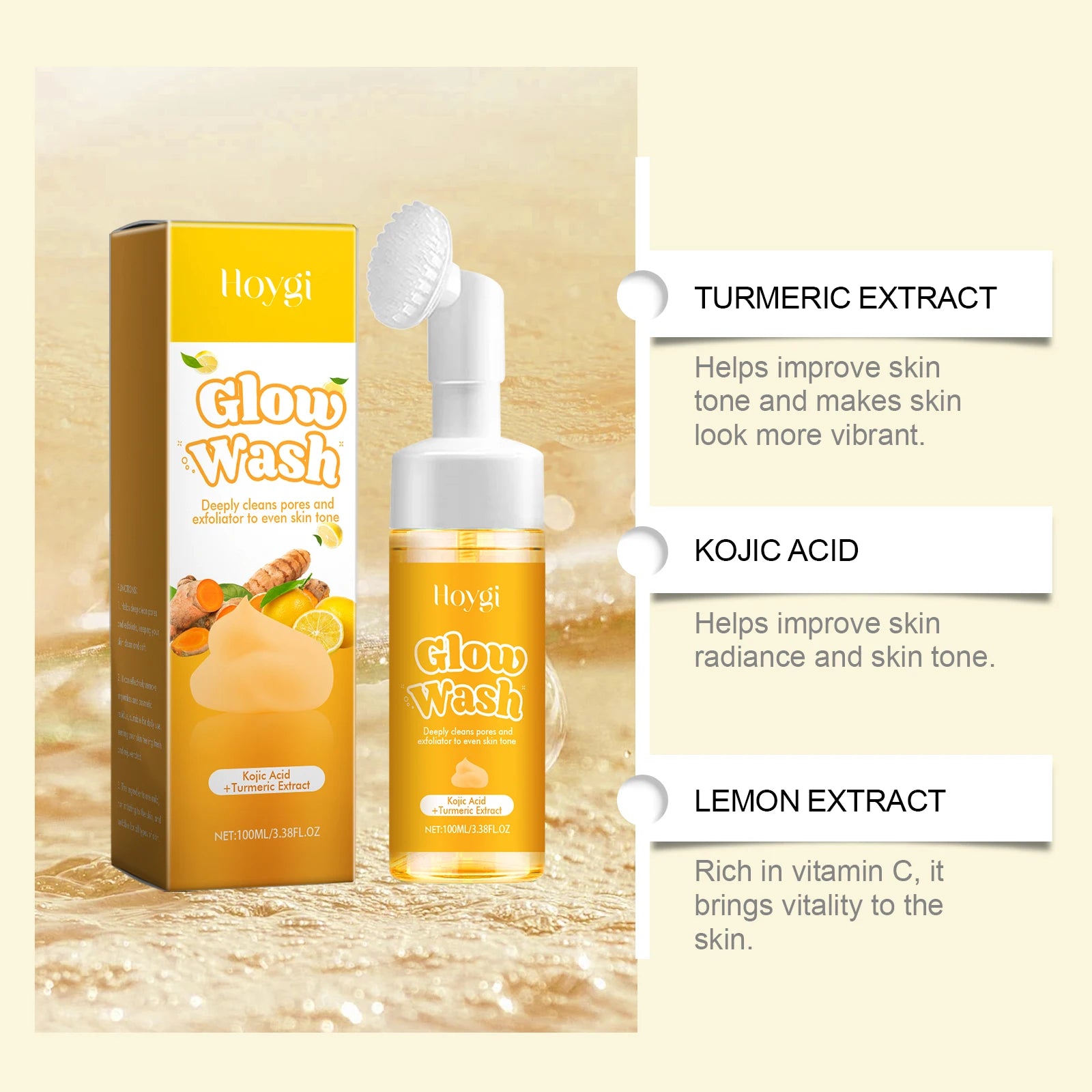 Hoygi Turmeric Facial Cleanser Natural Organic Gentle Formula Deep Cleanse Oil-Control Anti-Oxidant Brightening All Skin Types