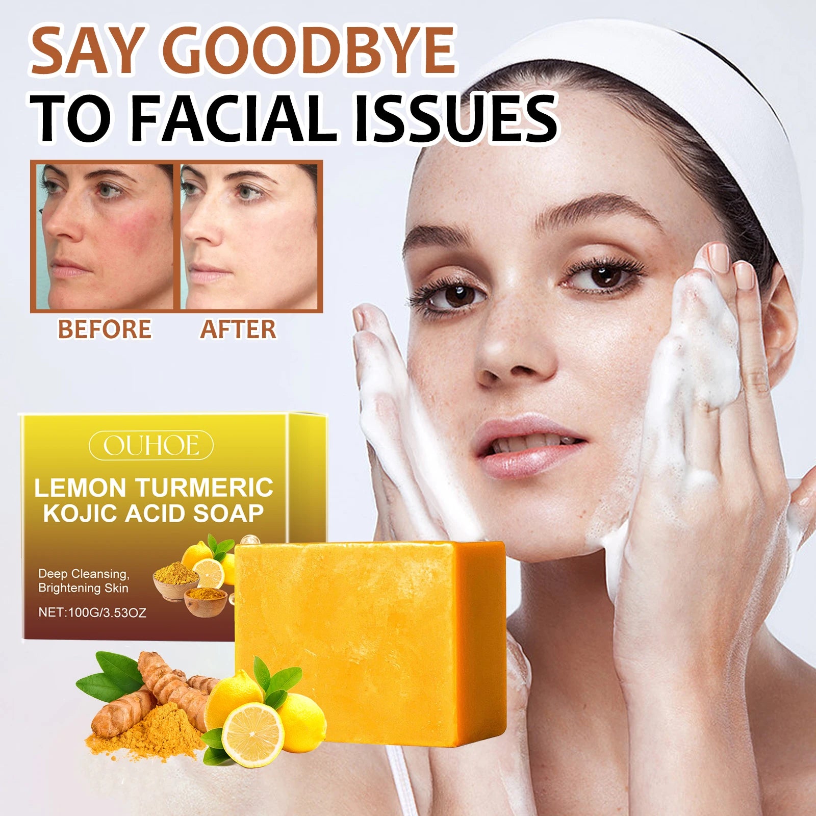 Facial Cleaning Handmade Soap Lemon Turmeric Kojic Acid Soap Deeply Cleansing Exfoliating Even Skin Tone Bathing Soap Skincare