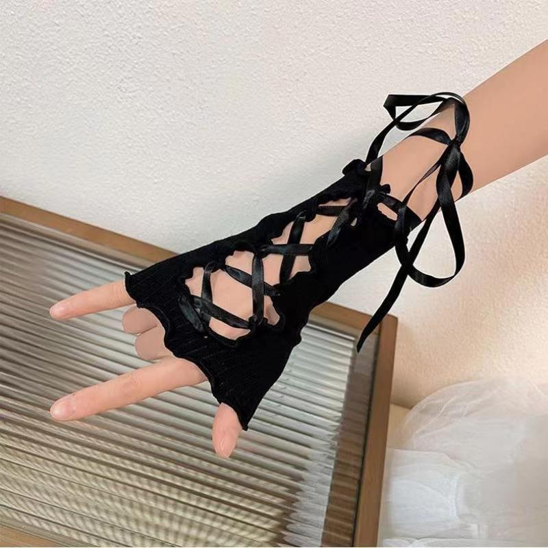 New Design Women Sexy Bandage Fingerless Gloves Gothic DIY Strapping Sunscreen Sleeve Lolita Jk Emo Y2k Elastic Mesh Punk Gloves - Daisan Mart