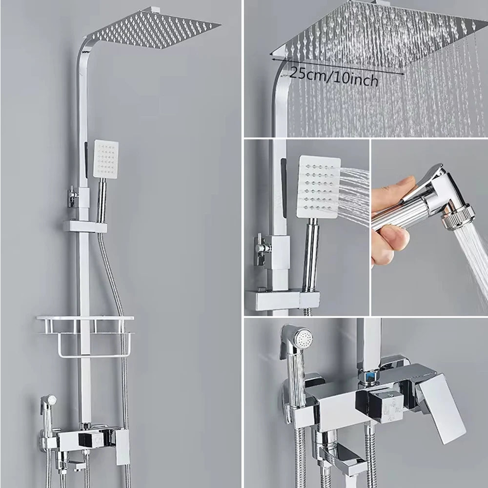 Chrome Brass Shower Faucet Set Rainfall Bathtub Tap With Bathroom Shelf 4 Function Height Adjust Shower Mixer Crane Fast Delivey