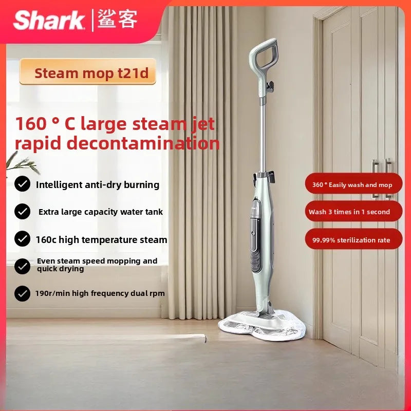 Cây lau nhà hơi nước màu bạc đứng gần rèm, nền gỗ, với văn bản quảng cáo xung quanh.