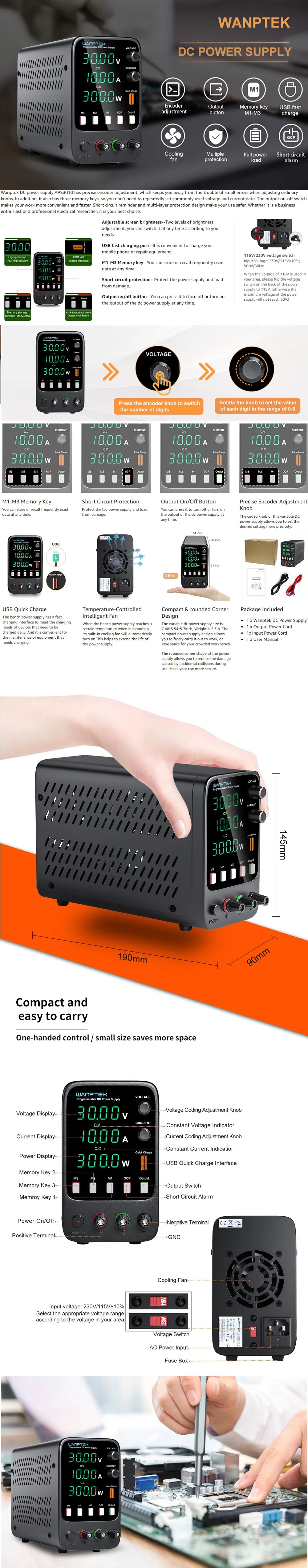 Wanptek DC Power Supply 30V 10A 5A Variable Bench Power Supply Adjustable Lab Power Supply 60V 5A 120V 3A Voltage Regulator