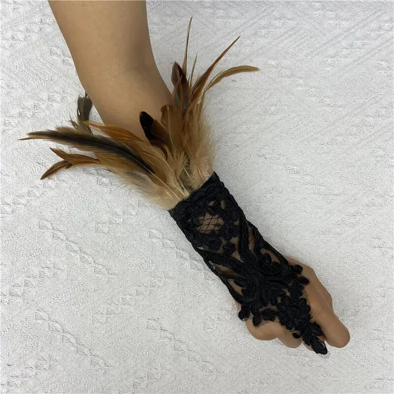 Mesh Gloves Women Halloween Lolita Cosplay Y2k Feather Cuffs Fingerless Mittens Lace Black Long Rave Accessories Feather Apparel - Daisan Mart