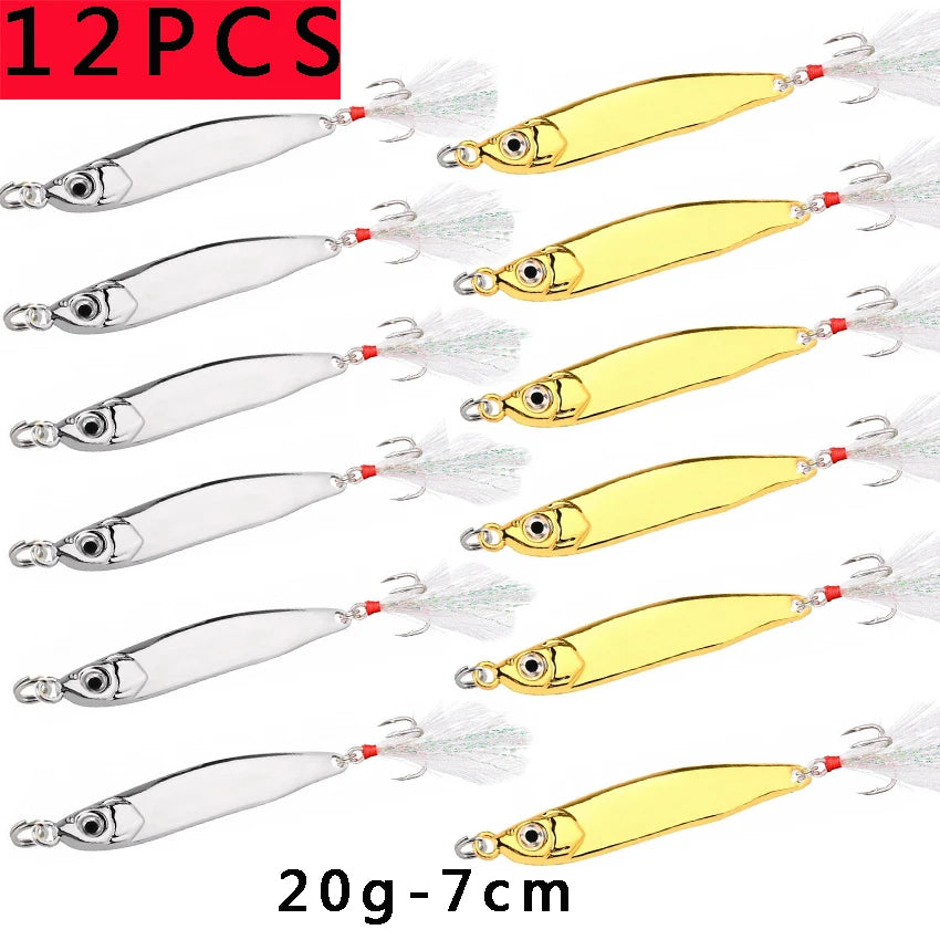 12PCS 15g 20g 40g 60g 80g Micro Jig S Shape Shore Casting Jigging Spoon Set Slow Metal Jig Hard Bait Carp Fishing Lures Hooks