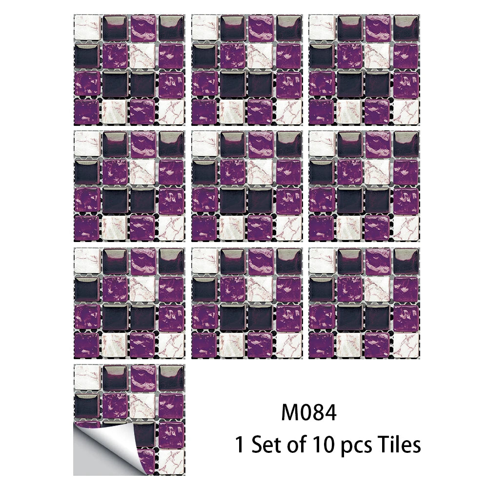 10pcs Flat Mosaic Style Tiles Sticker Kitchen Bathroom Waterproof &amp; Oilproof Art Wall Sticker Peel &amp; Stick Surface Glossy Film